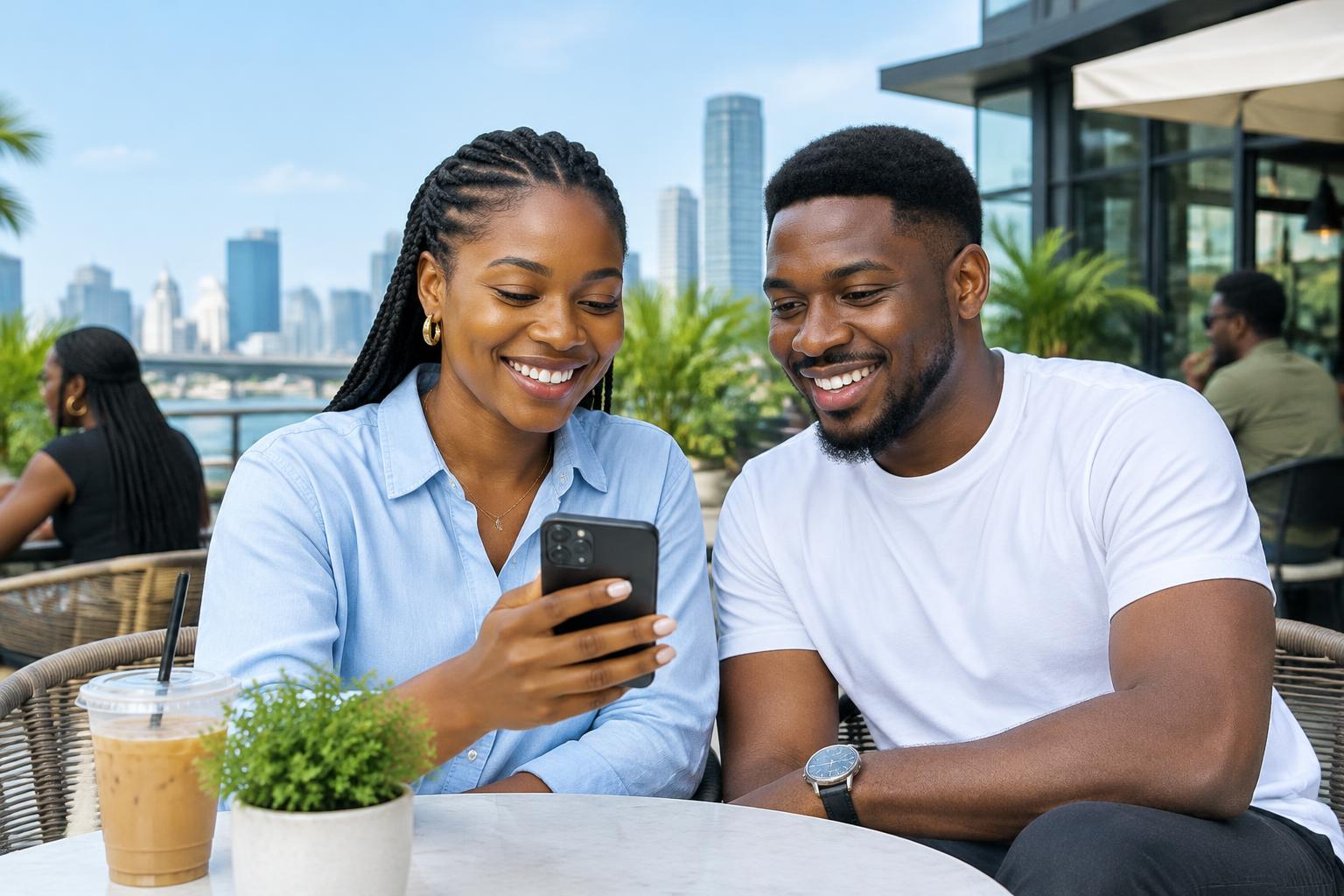 Two friends sharing a moment over a phone at a Lagos café